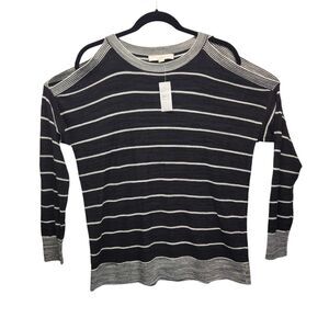 NWT LOFT Women's Open Shoulder Black & White Striped Long Sleeve Top SMALL